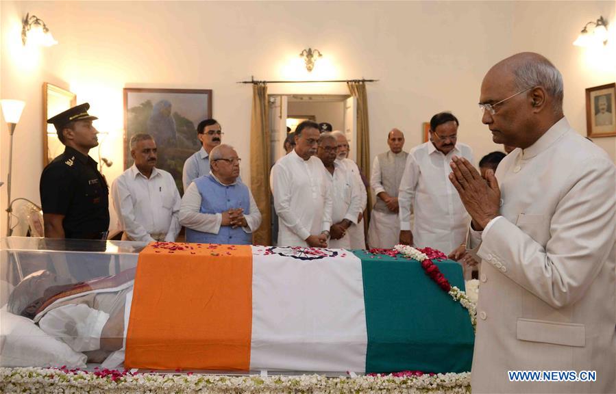 Indian President Ramnath Kovind pays homage to the former Prime Minister of India Atal Bihari Vajpayee in New Delhi, India on Aug. 16, 2018. India's former Prime Minister Atal Bihari Vajpayee passed away on Thursday, according to a statement issued by the hospital where he was admitted. (Xinhua/ Stringer)